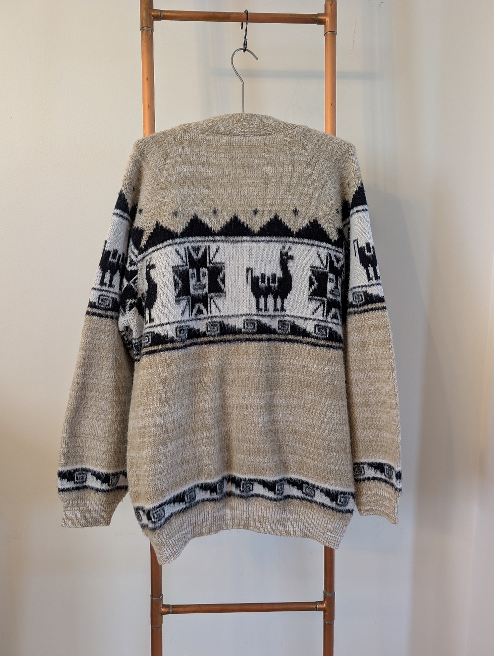 Unisex Handmade Peruvian Beige Patterned Button-Front Cardigan Sweater GORGEOUS - Picture 6 of 9
